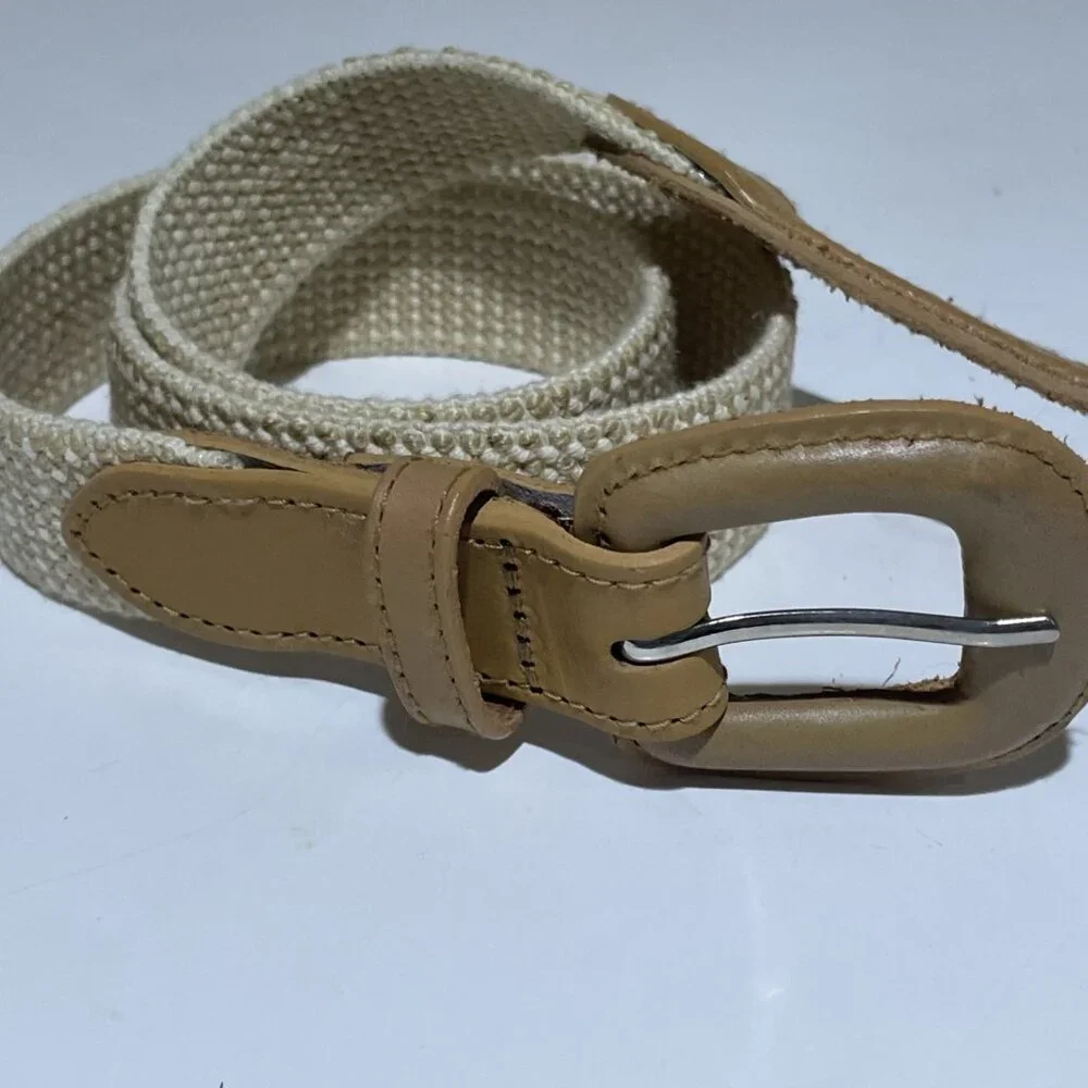 Vintage 90s Woven Stretch Belt Women's Size M Cream Genuine Leather Trim Preppy